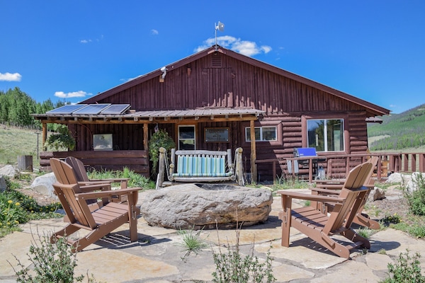 Front view with a large patio