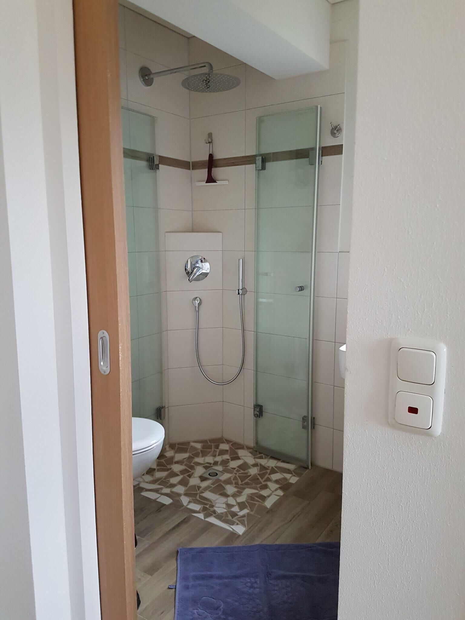 A bathroom with a glass shower enclosure, a white toilet, and a patterned floor.