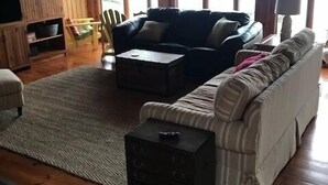 Un salon chaleureux avec un plancher en bois, un canapé, une table basse et un téléviseur.