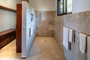 Shower, hair dryer, bidet, towels