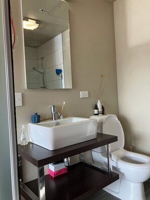 Secadora de cabello, toallas, jabón, papel de baño 