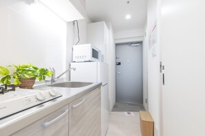 Fridge, microwave, stovetop, electric kettle
