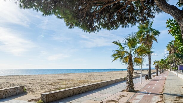A beachside walkway with a bench, palm trees, and a view of the sea. - Ground floor with pool and parking 100m beach (Cambrils)