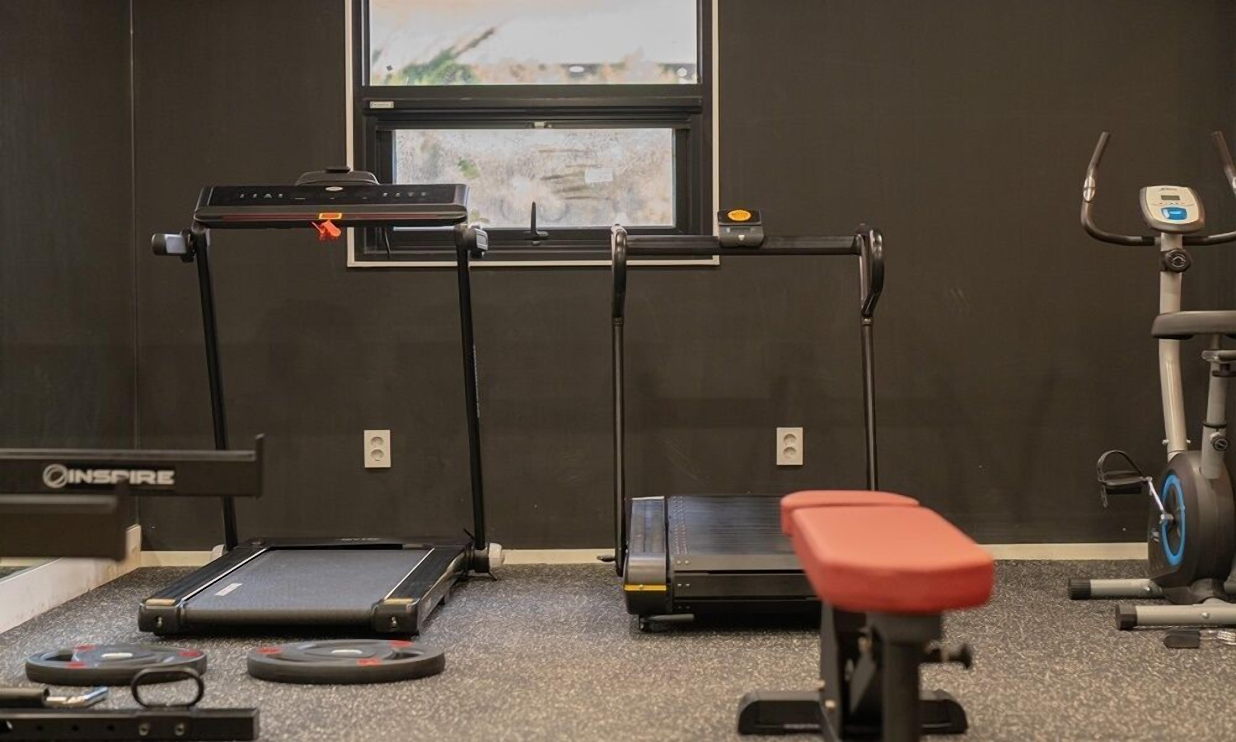 Un gimnasio con cintas de correr, una bicicleta estática y un banco.