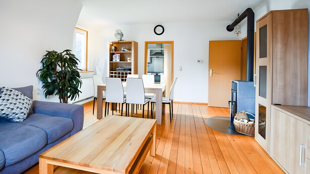 Een moderne woonkamer met een bank, een houten salontafel, een eethoek met stoelen, een keuken met kasten en een grote plant.