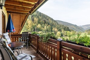 Eine Holzterrasse mit Sitzgelegenheiten und Blick auf ein bewaldetes Tal, versehen mit einem Holzgeländer.
