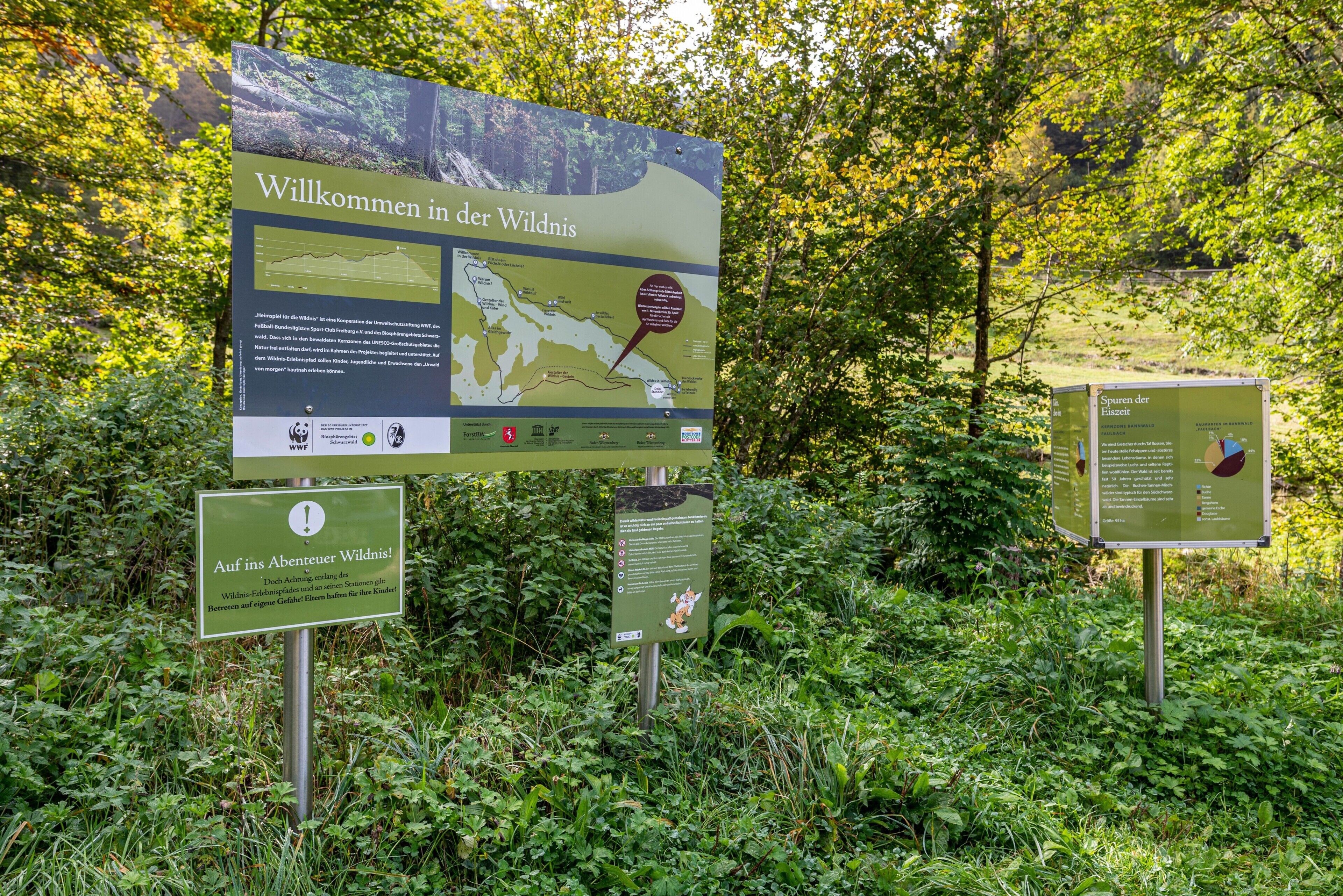 Un panneau d’information sur la faune, entouré de verdure.