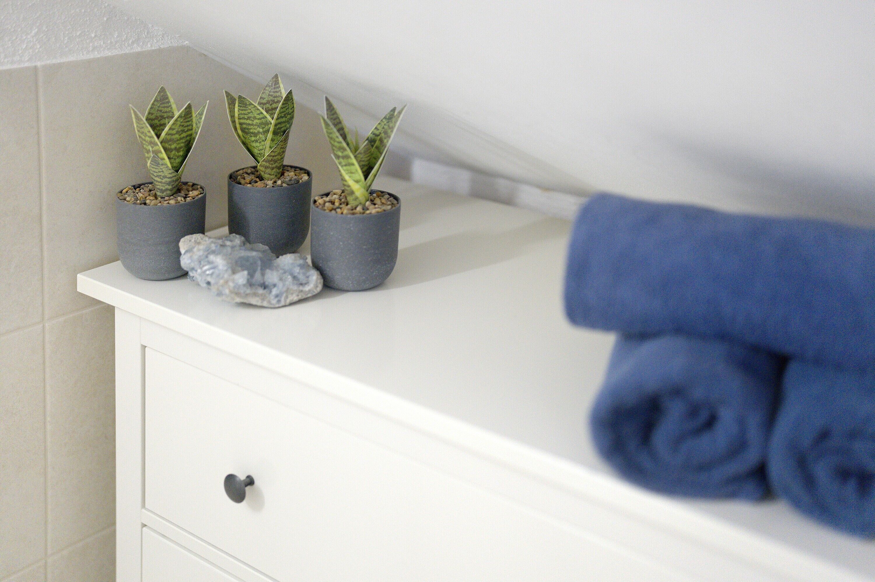 Un mobile bagno bianco con tre piante in vaso, un asciugamano blu piegato e una pietra decorativa.