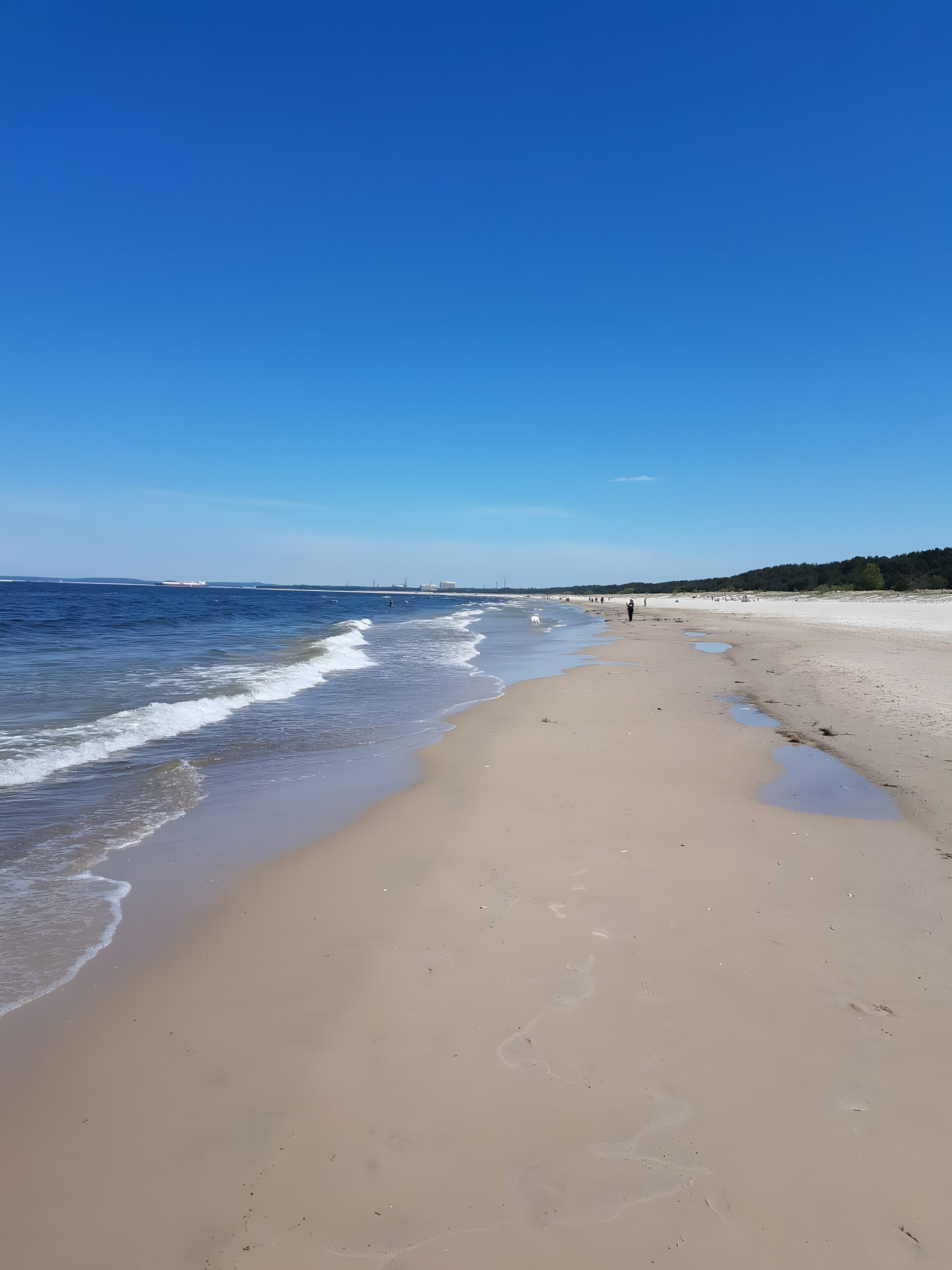 Ein Strand mit blauem Himmel, ruhiger See und einigen Spaziergängern.