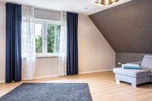 A modern room with a sofa, a large window with curtains, a dark rug, and a sloped ceiling.