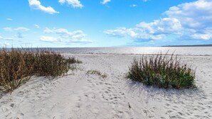 Una spiaggia sabbiosa con poca vegetazione e un cielo azzurro limpido.