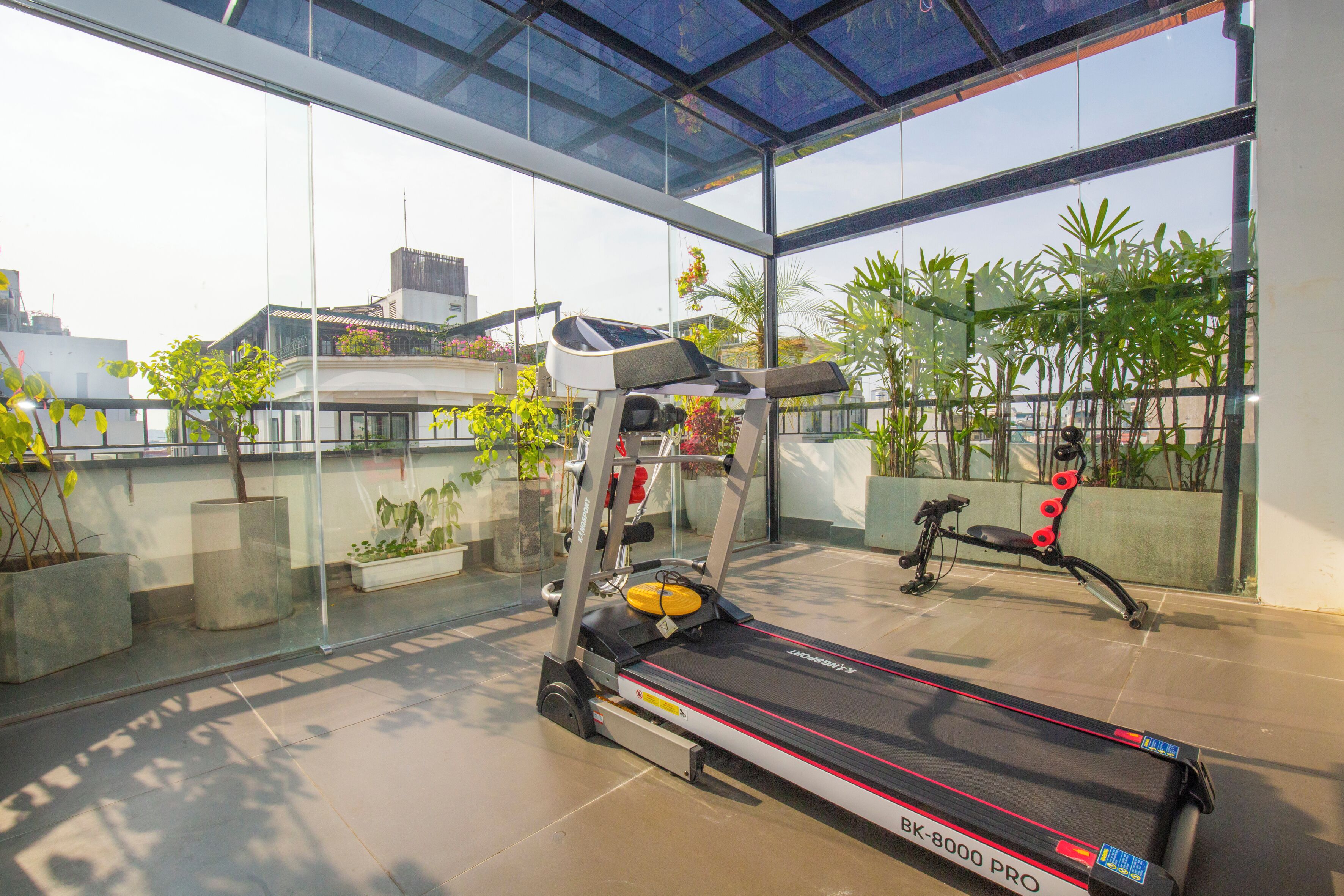 Ein modernes Fitnessstudio mit Laufband, Ergometer und diversen Pflanzen.