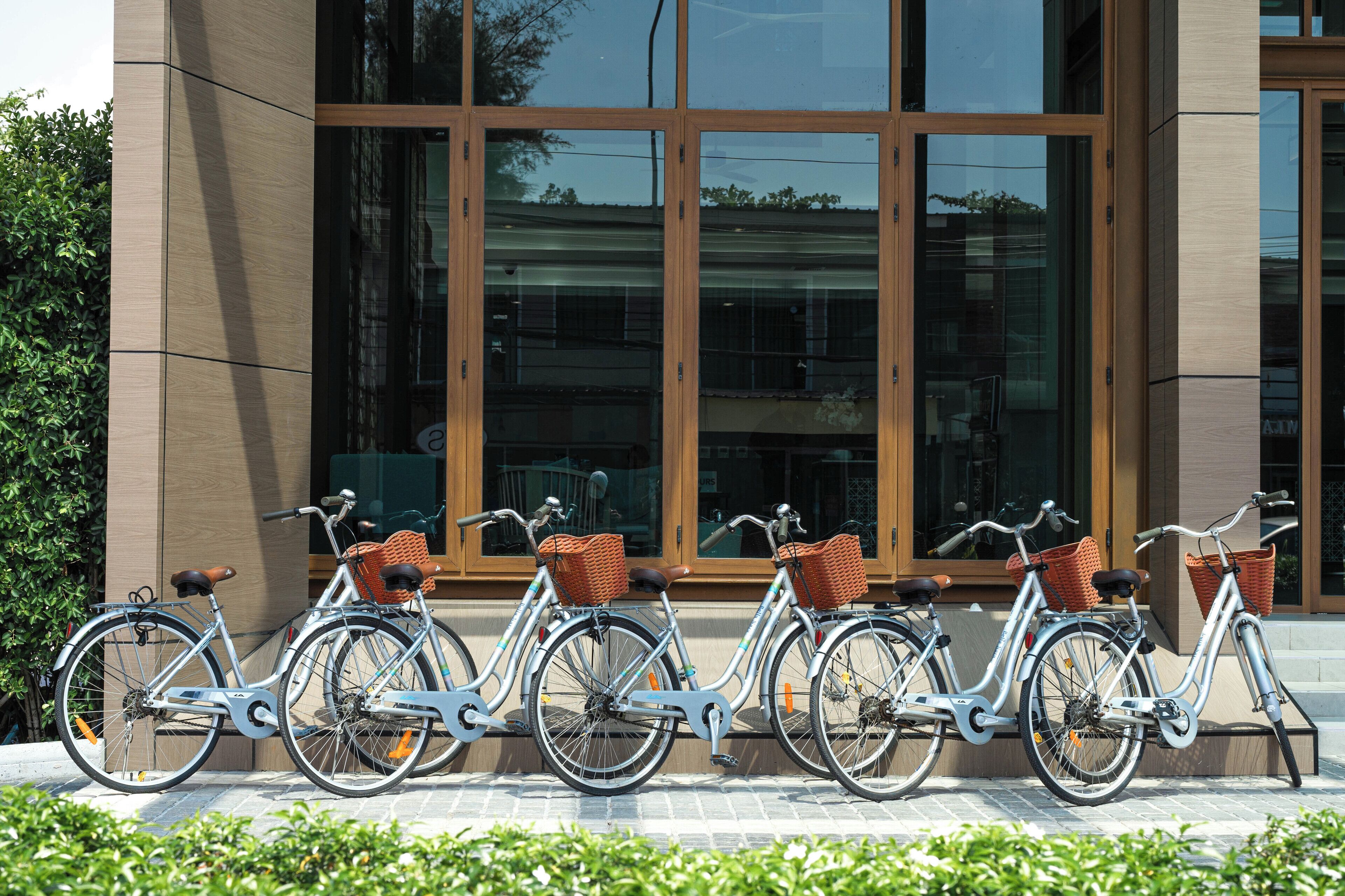 A row of bicycles parked in front of a building with large windows.