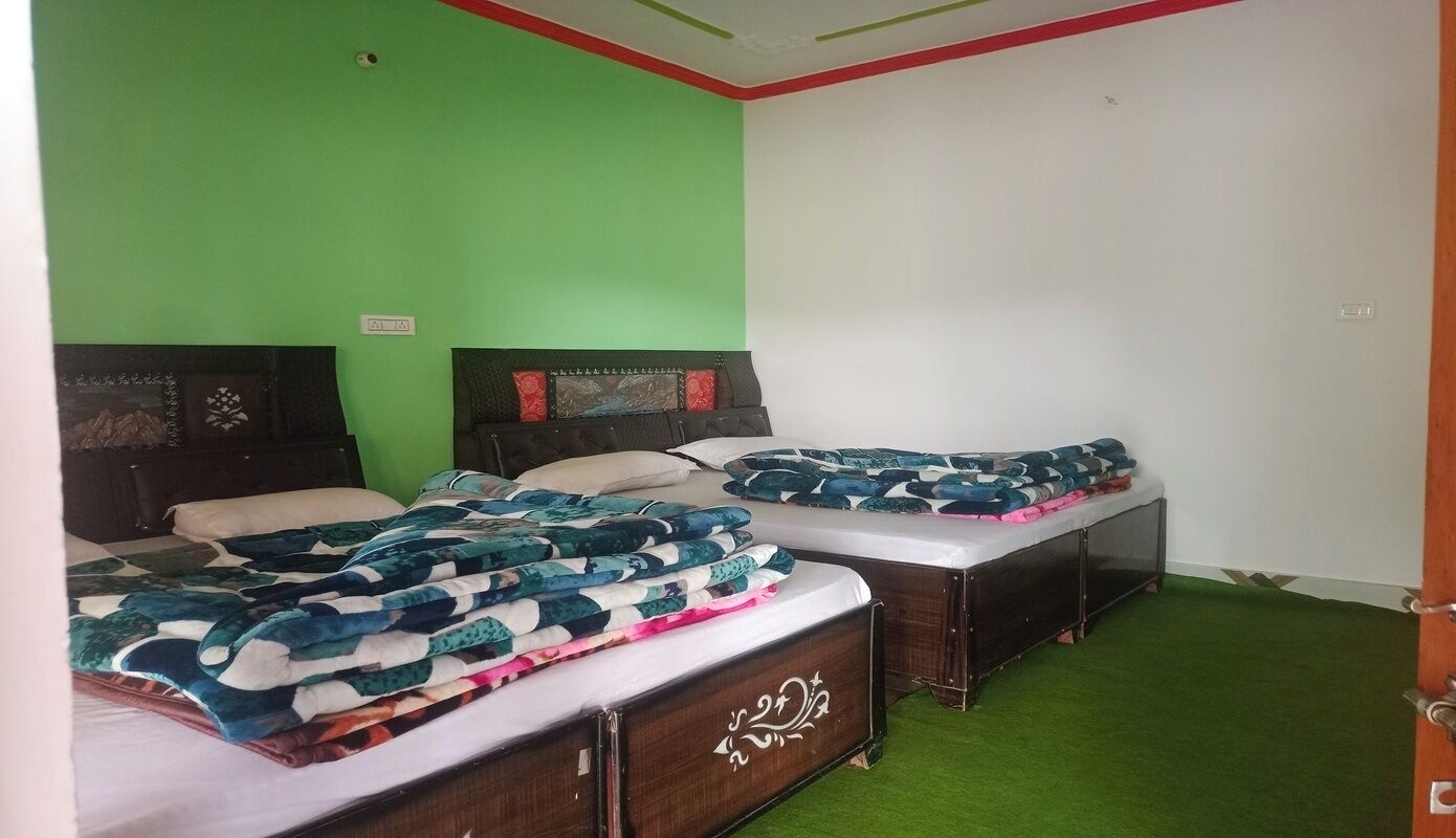 A room with two beds, green walls, and a green carpet.