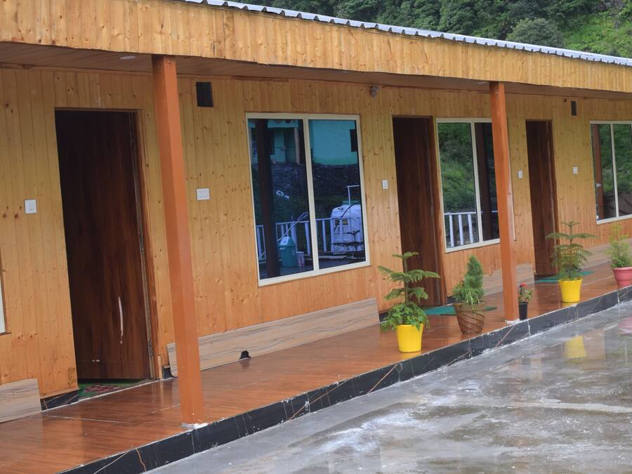 A row of wooden cabins with large windows and potted plants.