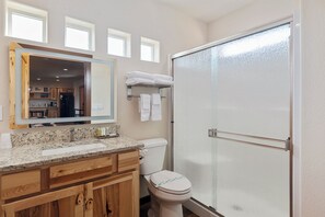 Hair dryer, towels, soap, toilet paper