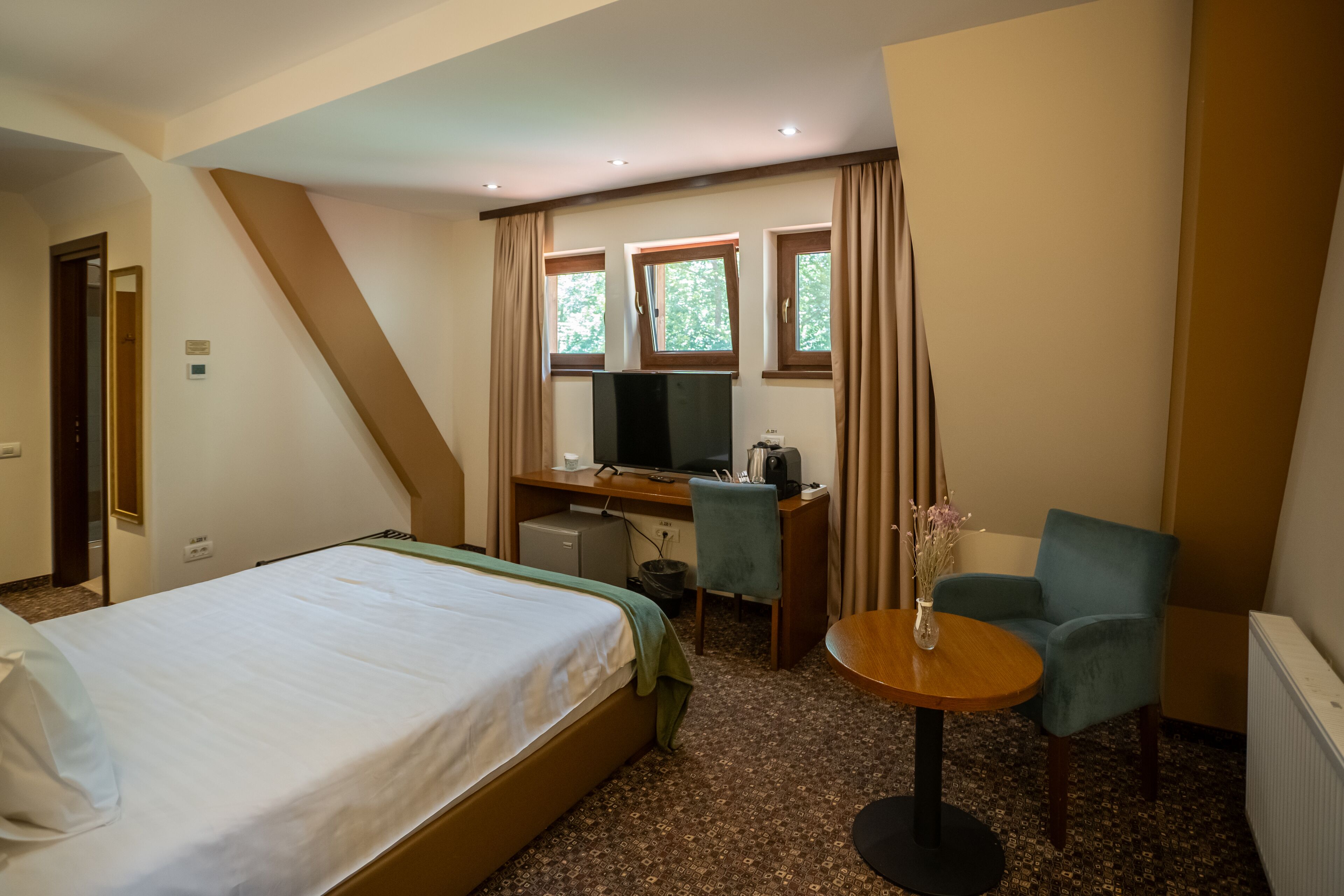 Habitación de hotel con cama, escritorio, silla, televisión y una pequeña mesa con un florero.