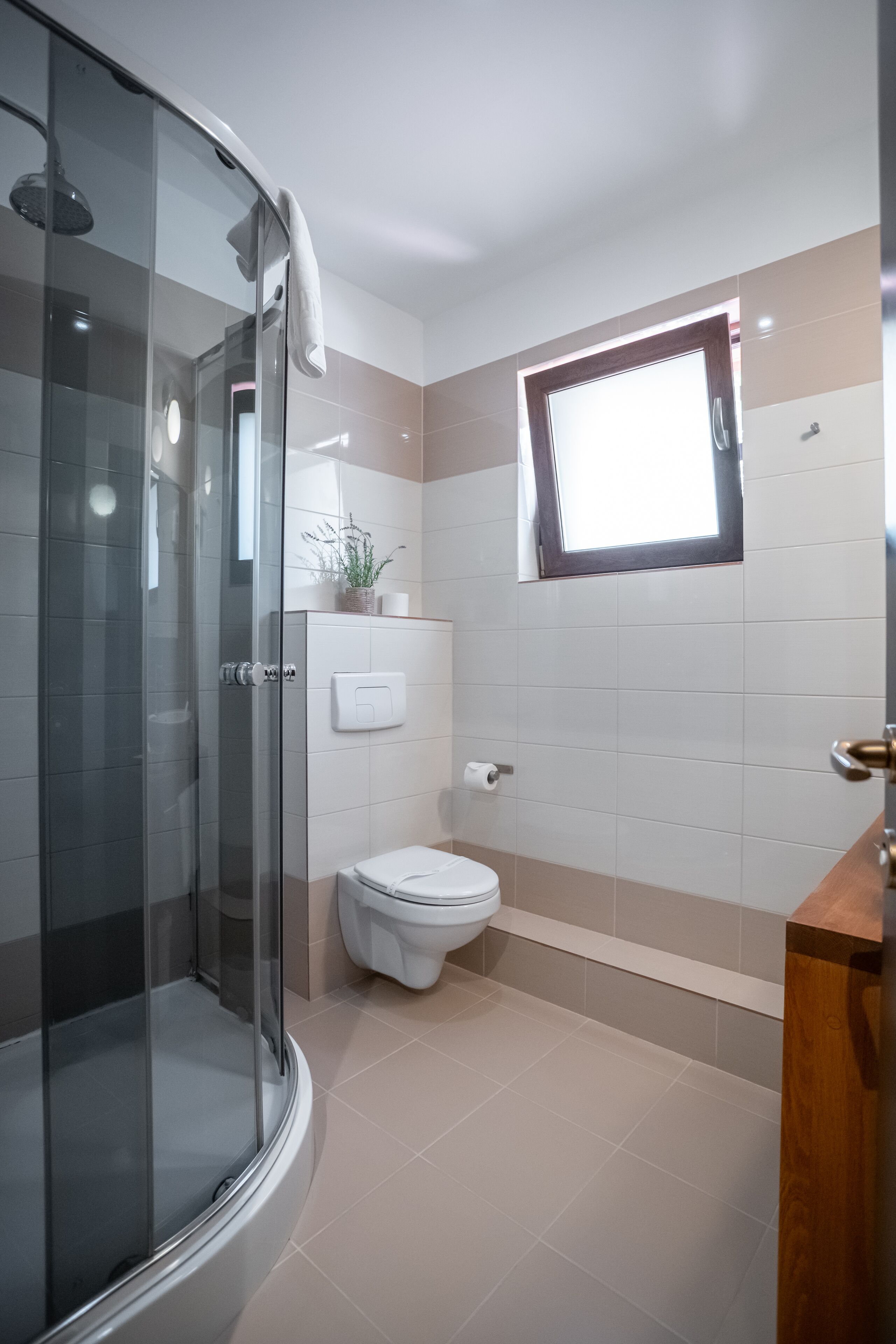 A modern bathroom with a glass-enclosed shower, a toilet, and a window.