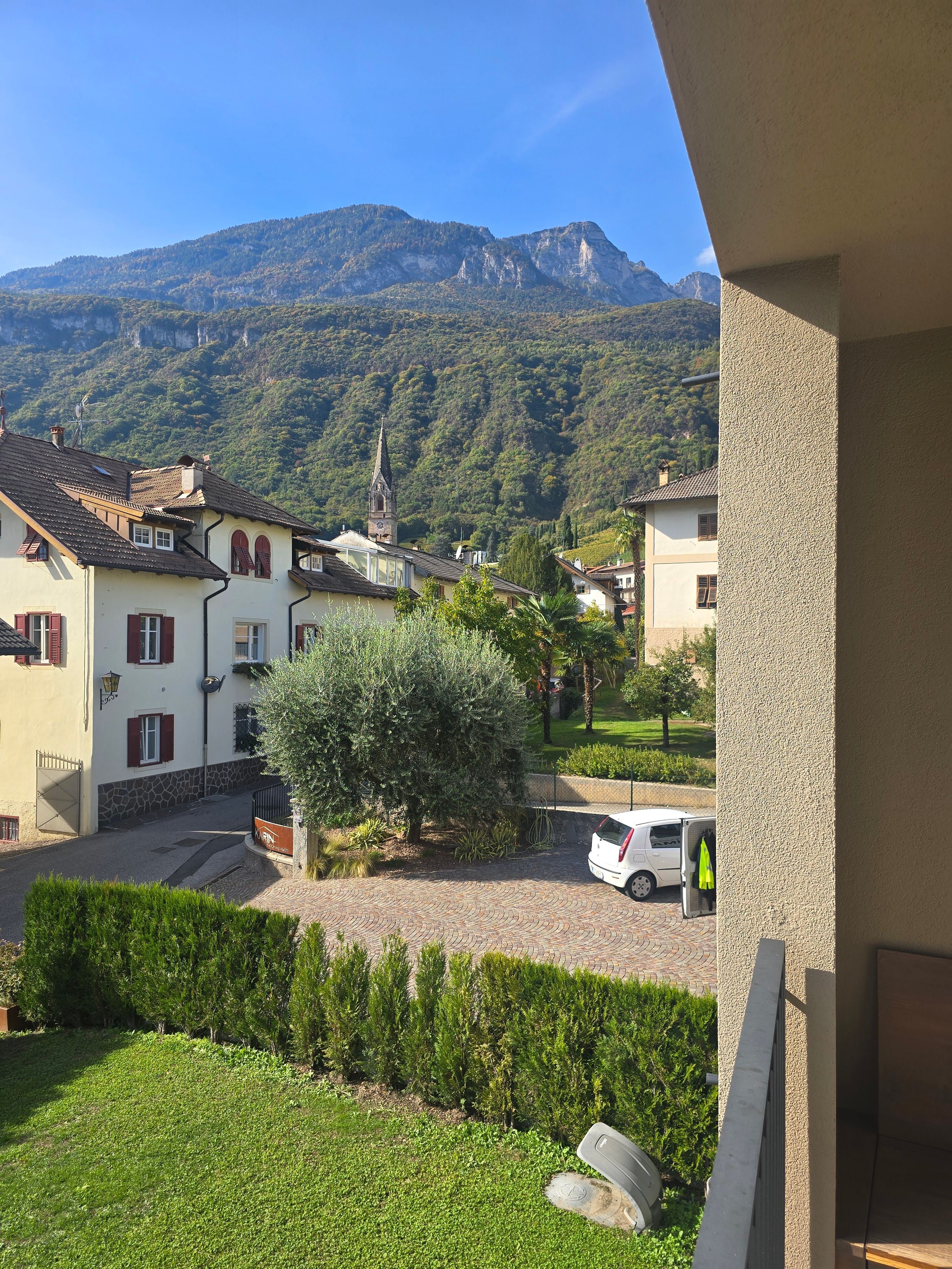 A residential area with houses, a driveway, and a mountain in the background.