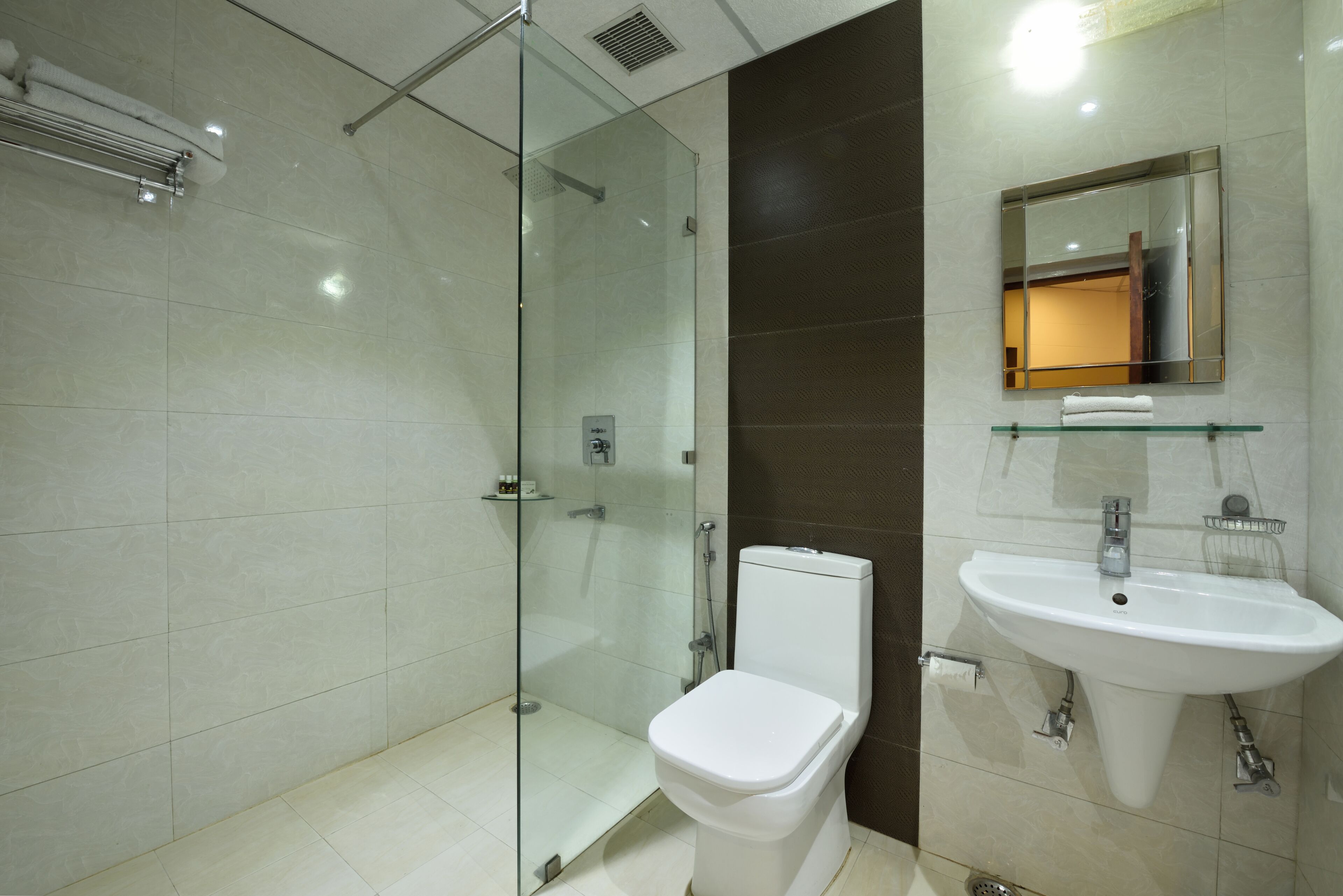 A modern bathroom with a glass shower enclosure, a toilet, and a sink with a mirror above it.