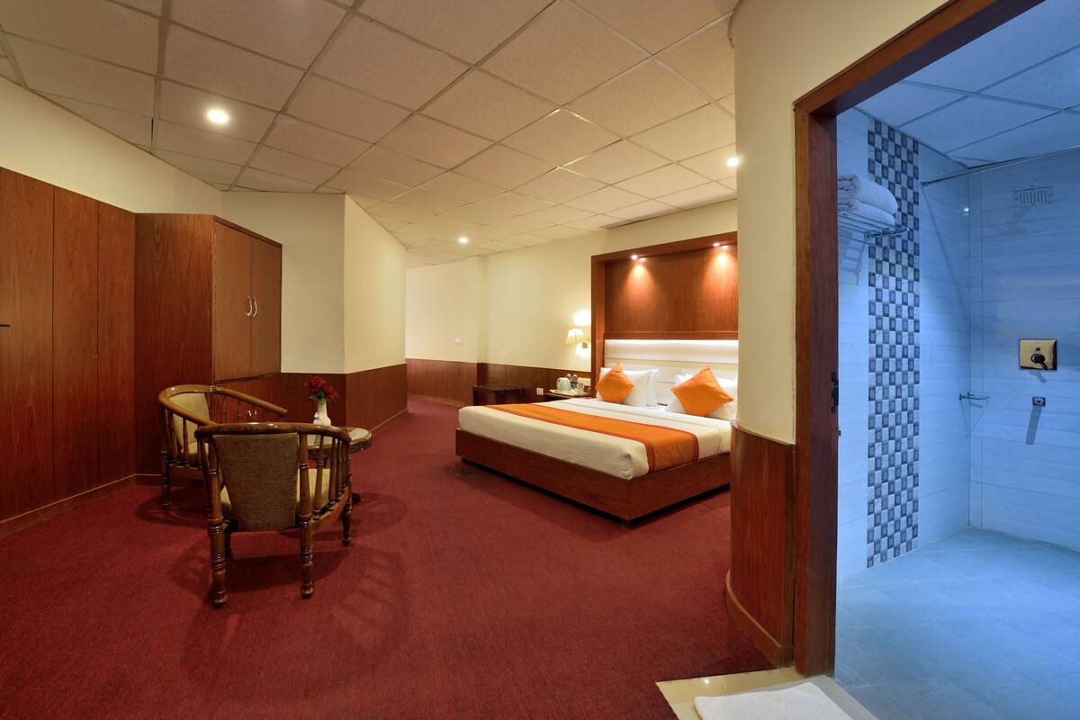 Habitación de hotel con cama, escritorio y silla. Incluye un baño con ducha y retrete.