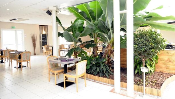Un restaurante con mesas dentro, grandes plantas verdes y una decoración moderna y limpia.