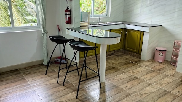 Une cuisine avec un plan de travail blanc, deux tabourets de bar noirs, un extincteur, un évier et une poubelle.
