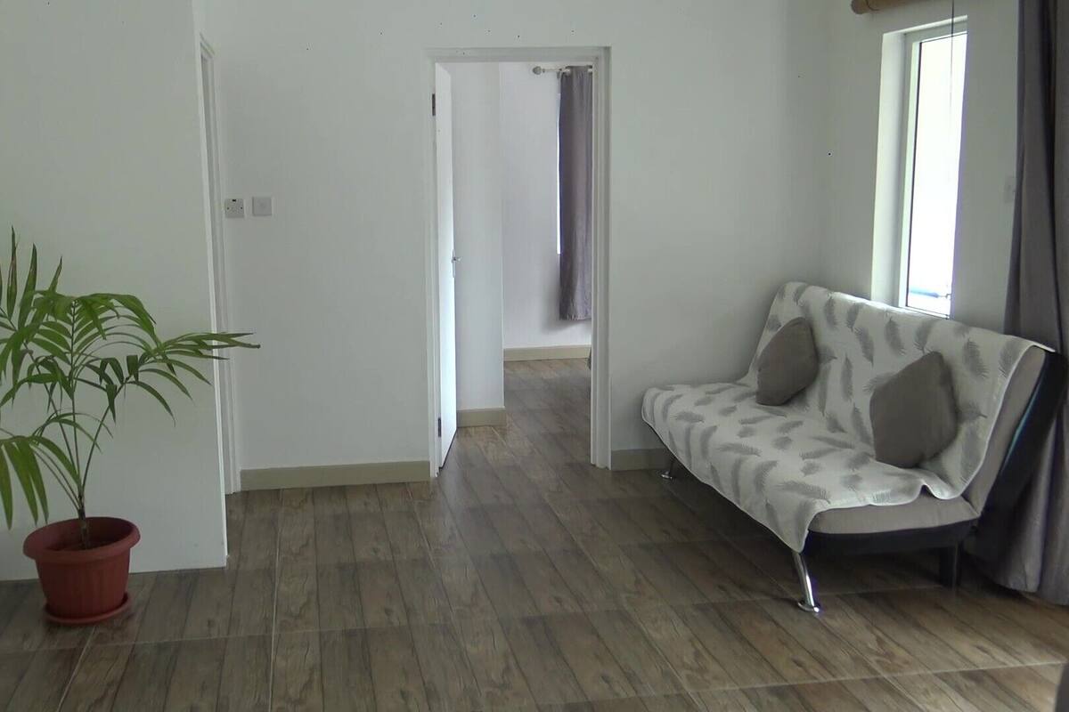 Ein Zimmer mit Holzboden, einer Couch mit gemusterten Kissen, einer Zimmerpflanze und einer Tür, die in einen anderen Raum führt.