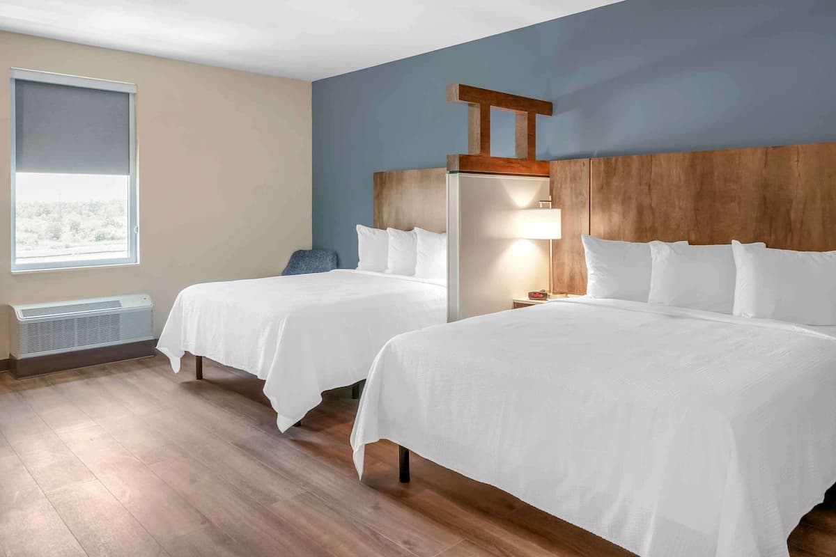 Hotelkamer met twee bedden, een houten hoofdeinde, een raam met uitzicht en een luchtverkoeler aan de wand.