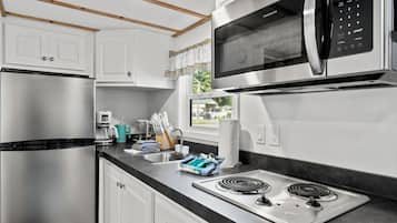 Frigorífico, microondas, placa de cocina y cafetera o tetera