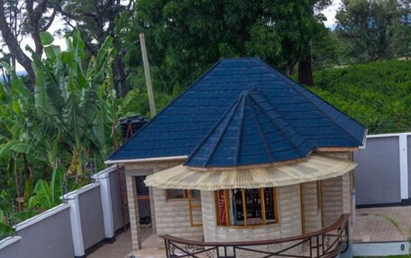 A swimming pool with lounge chairs, a covered seating area, and a small building with a blue roof.
