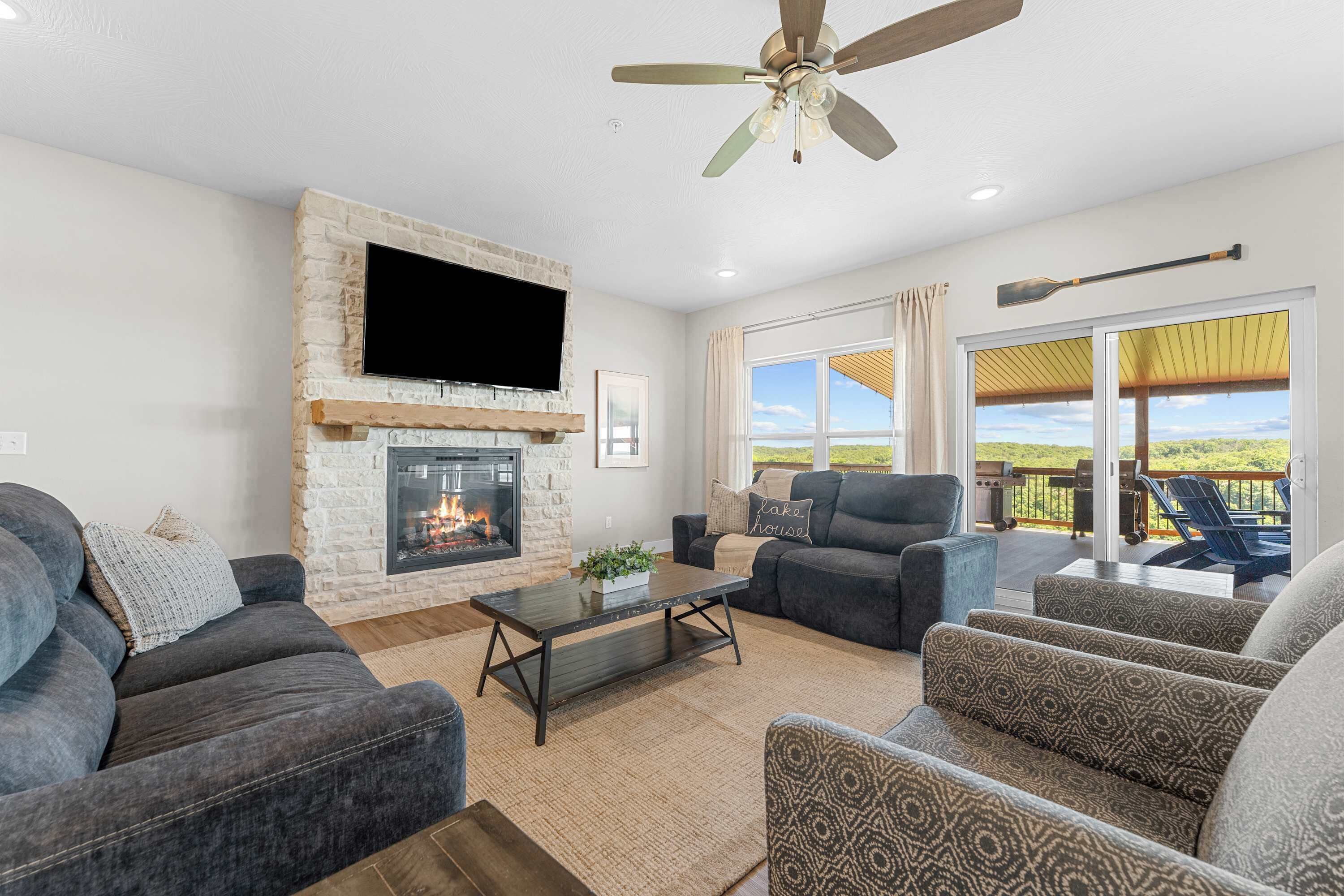 TV, fireplace, DVD player, foosball