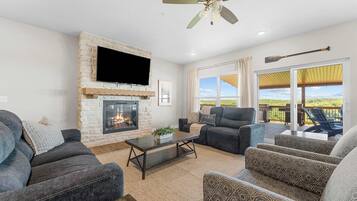 TV, fireplace, DVD player, foosball