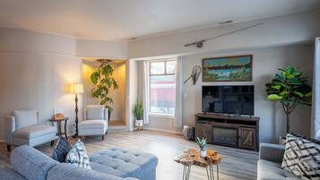 Télévision, cheminée, lecteur de DVD, espaces bureaux