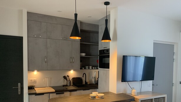 A modern kitchen with a central island, two pendant lights, a built-in oven, and a flat-screen TV mounted on the wall.