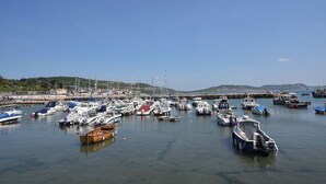 A marina with various boats docked, a bridge in the background, and a hilly landscape. - 3 Bay View Court (Lyme Regis)