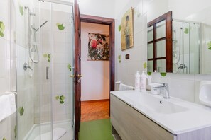 Shower, hair dryer, bidet, towels