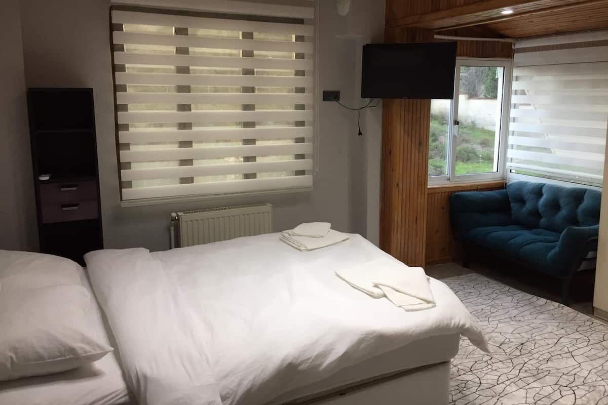 A bedroom with a bed, a TV, and a window with blinds.