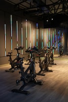 Stationary bikes arranged in rows with a wall featuring vertical light strips in a gym setting.