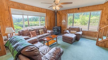 Smart TV, fireplace, DVD player, books