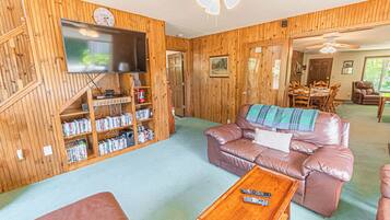 Smart TV, fireplace, DVD player, books