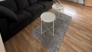 Ett modernt vardagsrum med en svart soffa, ett litet vitt bord och en grå matta. Det finns ett fönster med persienner, ett element och en taklampa.