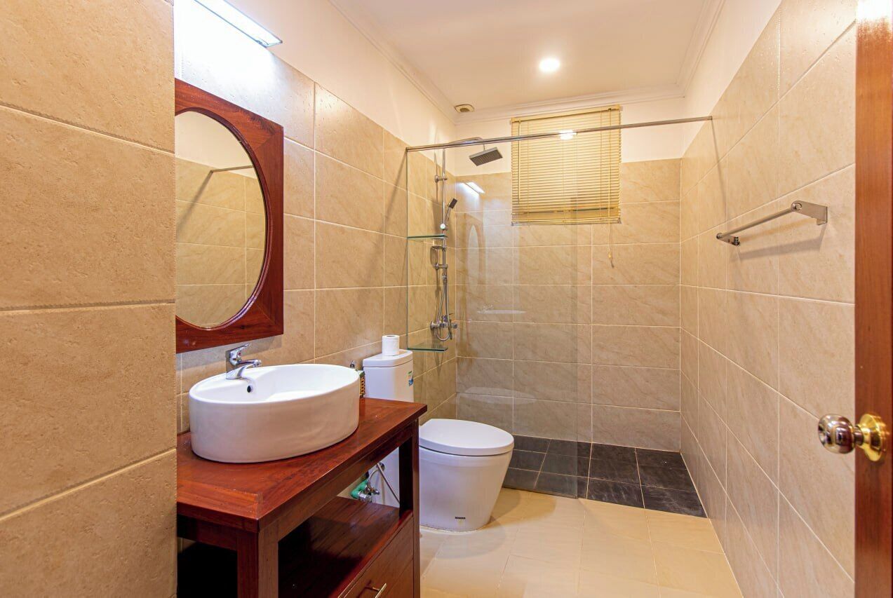 Shower, rainfall showerhead, hair dryer, bathrobes