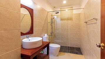 Shower, rainfall showerhead, hair dryer, bathrobes