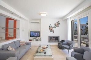 Smart TV, fireplace, music library, video library