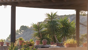 Terraço com plantas em vasos e vista para uma paisagem montanhosa.