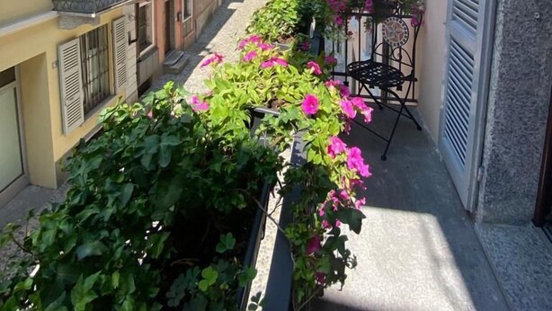 A narrow street with buildings on either side, a row of potted plants with pink flowers, and a street lamp. - Appartamento Il Bottaio (Domodossola)