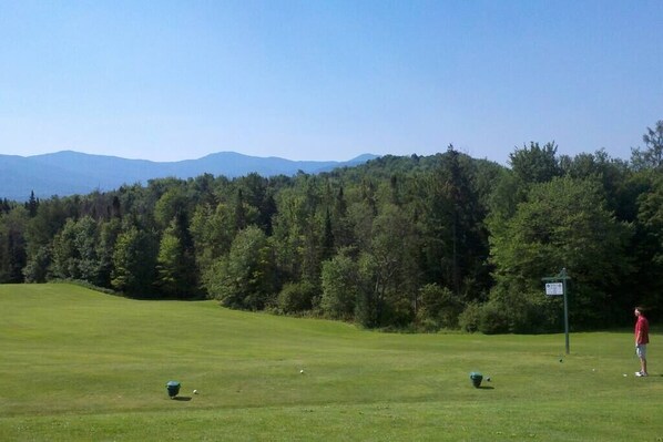 Ein Golfplatz bei blauem Himmel, eine Person mit rotem Hemd und ein Wegweiser in der Ferne.