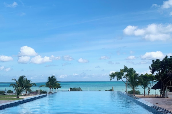 Outdoor pool, pool umbrellas, pool loungers