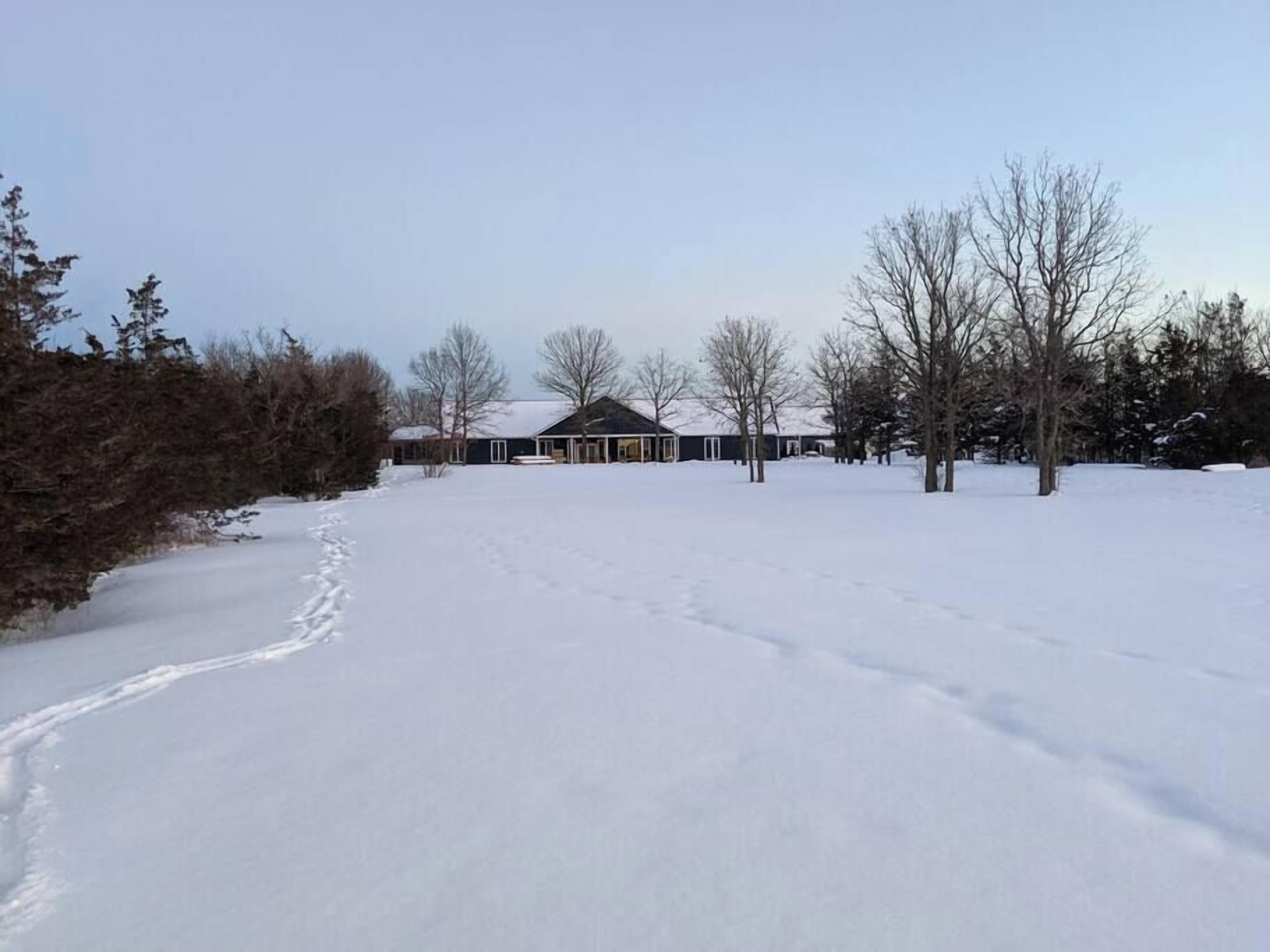 A snow-covered landscape with a row of buildings, likely a residential area or small complex, with bare trees around.